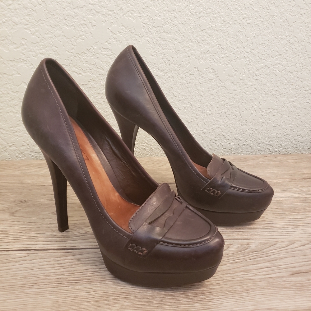 SCHUTZ Brown Leather Penny Loafer Pumps